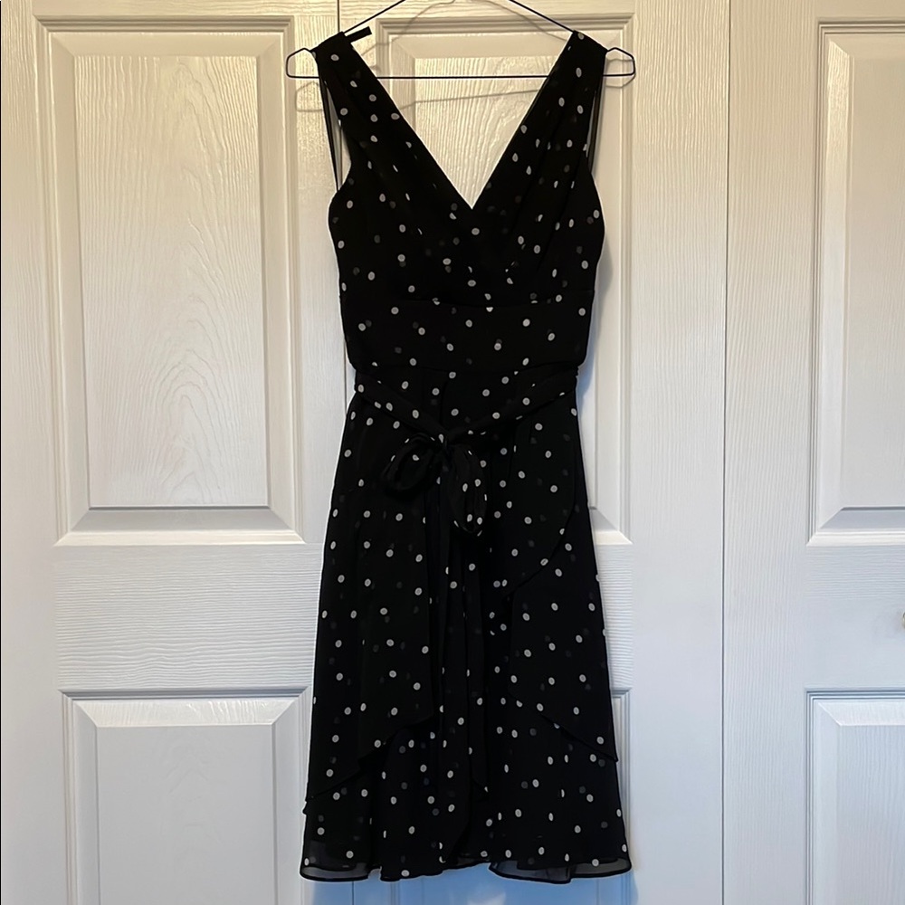 WHBM Black and White Polka Dot V-Neck Ruffled Knee-Length Dress